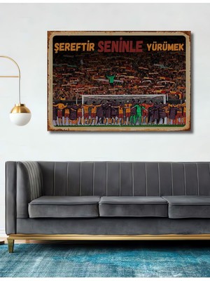 Dekoratif Tablo Sarı Kırmızı Takım Retro Ahşap Poster Şık Yatay Duvar Dekorasyon Tablosu