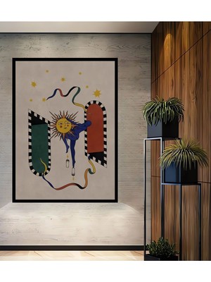 Teona Ahşap Dekoratif Bohem Minimalist Soyut Çizim Ahşap Tablo Çerçeve Görünümlü Dikey Duvar Dekorasyon Tablosu