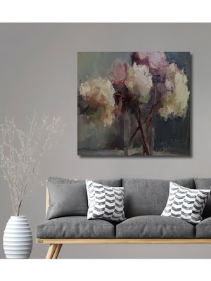 Teona Ahşap Ahşap Yağlı Boya Görünümlü Efektli Ortanca Çiçek Tablosu (Mor-Vizon-Antrasit Kombini) Yatay Tablo