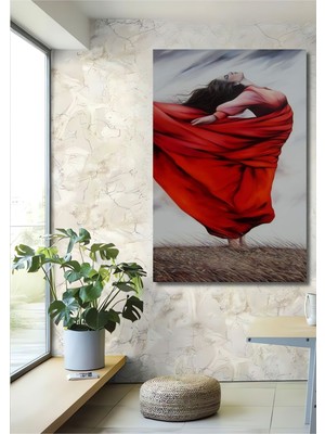 Teona Ahşap Dekoratif Dikey Modern Sanat Kırmızı Giyen Kadın Duvar Tablo Ahşap Dikdörtgen Tablo
