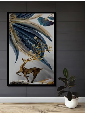 Teona Ahşap Kuş Tüyleri ve Gold Geyik Ahşap Tablo Çerçeve Görünümlü Dikey Duvar Dekorasyon Tablosu