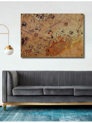 Teona Ahşap Dekoratif Piri Reis Haritası (Ahşap Tablo) Şık Yatay Duvar Dekorasyon Tablosu