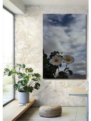 Dekoratif Dikey Papatyalar ve Gökyüzü Duvar Tablo Ahşap Dikdörtgen Tablo