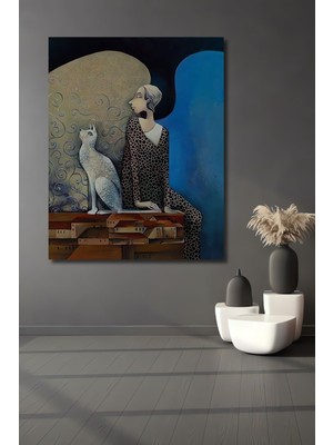 Dekoratif Dikey Kadın ve Kedi Modern Sanat Duvar Tablo Ahşap Dikdörtgen Tablo