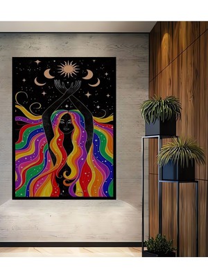 Dekoratif Bohem Minimalist Soyut Çizim Ahşap Tablo Çerçeve Görünümlü Dikey Duvar Dekorasyon Tablosu