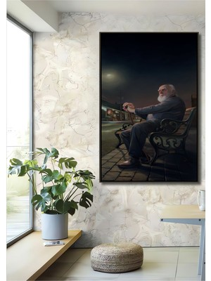 Teona Ahşap Dekoratif Dikey Banktaki Yaşlı Adam Duvar Tablo Ahşap Dikdörtgen Tablo