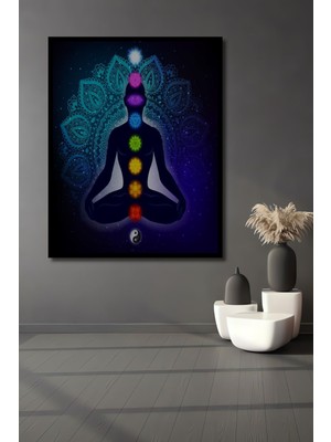 Hint Buda Meditasyon 7 Çakra Yoga Spor Ahşap Tablo Çerçeve Görünümlü Dikey Duvar Dekorasyon Tablosu
