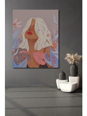 Dekoratif Dikey Kadın ve Yapraklar Duvar Tablo Ahşap Dikdörtgen Tablo
