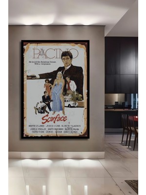 Teona Ahşap Tablo Al Pacino Scarface Sinema Retro Vintage Çerçeve Görünümlü Dikey Duvar Dekorasyon Tablosu