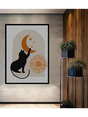 Dekoratif Tablo Kedi Soyut Tasarım - Ahşap Çerçeve Çerçeve Görünümlü Dikey Duvar Dekorasyon Tablosu