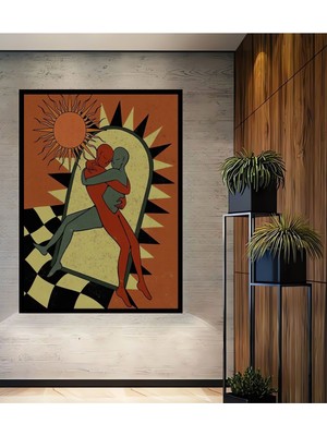 Dekoratif Bohem Minimalist Soyut Çizim Ahşap Tablo Çerçeve Görünümlü Dikey Duvar Dekorasyon Tablosu