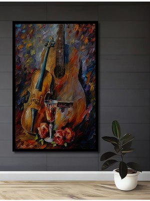 Teona Ahşap Dekoratif Gitar ve Keman Soyut Ahşap Tablo Çerçeve Görünümlü Dikey Duvar Dekorasyon Tablosu