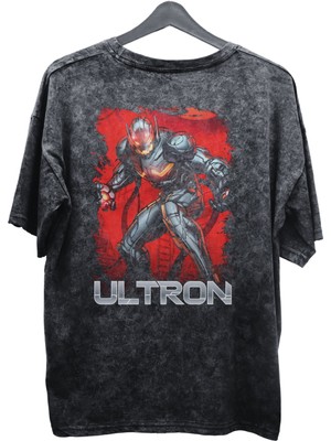 Fuddy Moda Unisex Ultron Baskılı Yıkamalı Tişört, Oversize Marvel Comics Baskılı Retro T-Shirt