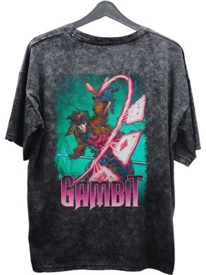 Fuddy Moda Unisex Gambit Baskılı Yıkamalı Tişört, Oversize Marvel Comics Baskılı Vintage T-Shirt