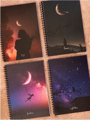 Fobinote Spiralli Çizgisiz Okul Defteri 4'lü Set 17x24 cm Siyah Mor Gece Serisi Kapak Desenli