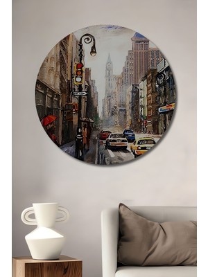 Dekoratif Ahşap Sokak Yağlı Boya Görünümlü (Yatak Odası Tablo) Şık Yuvarlak Duvar Dekorasyon Tablo