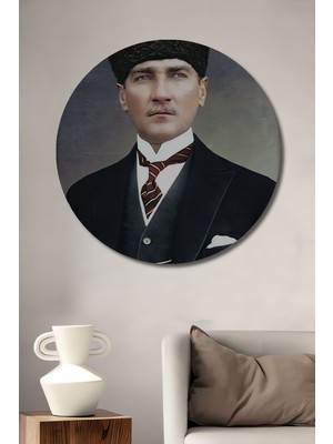 Dekoratif Ahşap Tablo Atatürk (Ofis, Işyeri,salon) Şık Yuvarlak Duvar Dekorasyon Tablosu