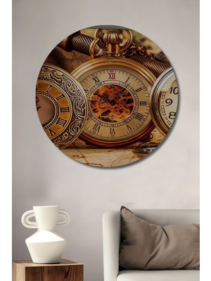 Dekoratif Saat Desenli - Tek Parça Ahşap Tablo Şık Yuvarlak Duvar Dekorasyon Tablosu
