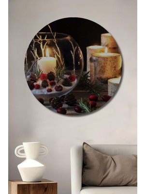Teona Ahşap Dekoratif Mum Desenli Ahşap Tablo Şık Yuvarlak Duvar Dekorasyon Tablosu