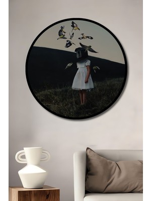 Dekoratif Çocuk ve Kuşlar Sürreal Modern Sanat Duvar Tablo Ahşap Yuvarlak Tablo
