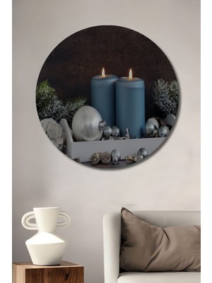 Yağlı Boya Görünümlü Efektli Mum Tablosu Gri-Mavi|ahşap Tablo Şık Yuvarlak Duvar Dekorasyon Tablosu
