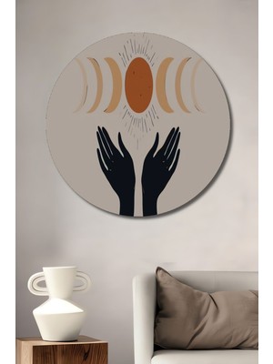 Dekoratif Bohem Minimalist Soyut Çizim Ahşap Tablo Şık Yuvarlak Duvar Dekorasyon Tablosu