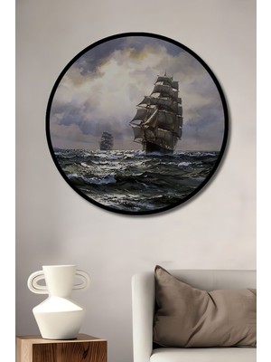 Teona Ahşap Dekoratif Gemi Pastel Boya Sanat Duvar Tablo Ahşap Yuvarlak Tablo