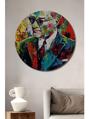 Teona Ahşap Yağlı Boya Görünümlü Atatürk Portresi Karizma Gözlük Soyut Dikey Ahşap Tablo Yuvarlak Duvar Tablo