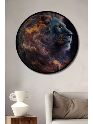 Dekoratif Neon Uzay Aslan Duvar Tablo Ahşap Yuvarlak Tablo