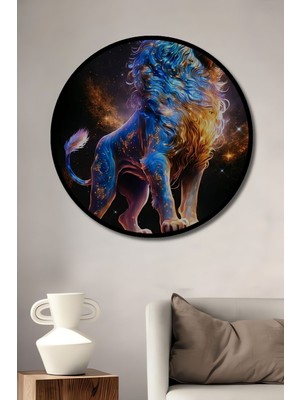 Dekoratif Neon Aslan Kral Duvar Tablo Ahşap Yuvarlak Tablo