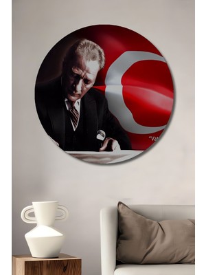 Teona Ahşap Dekoratif Atatürk ve Türk Bayrağı - Tek Parça Ahşap Tablo Şık Yuvarlak Duvar Dekorasyon Tablosu