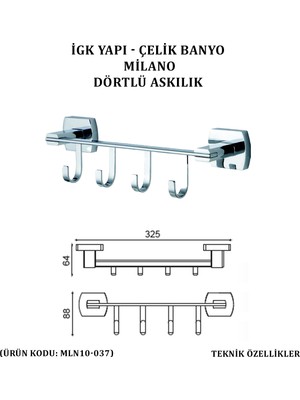 Çelik Banyo Milano Dörtlü Askılık (MLN10-037)