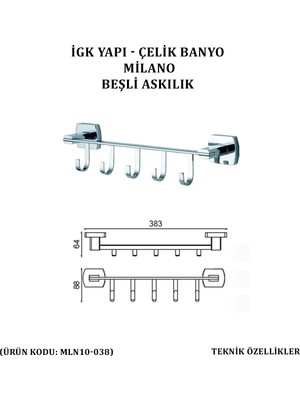 Çelik Banyo Milano Beşli Askılık (MLN10-038)