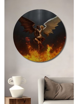 Teona Ahşap Dekoratif Yatak Odası Için Melek ve Şeytan Ahşap Tablo Şık Yuvarlak Duvar Dekorasyon Tablosu
