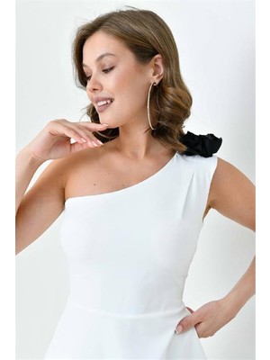 Dip Moda Dipmoda kadın beyaz mini tek omuz abiye elbise DPS9357