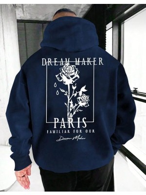 Belabre Oversize Dream Marker Baskılı Lacivert  Kapüşonlu Sweatshirt