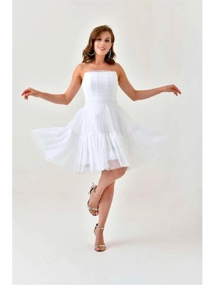 Dip Moda Dipmoda kadın beyaz straplez tül mezuniyet elbisesi DPS9354