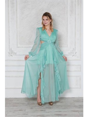 Dip Moda Dipmoda kadın yırtmaçlı sırt detaylı janjan şifon abiye elbise DPSWLL14