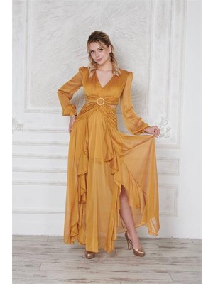 Dip Moda Dipmoda kadın yırtmaçlı sırt detaylı janjan şifon abiye elbise DPSWLL14