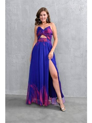 Dip Moda Dipmoda kadın siyah tüy detaylı straplez abiye elbise DPS003