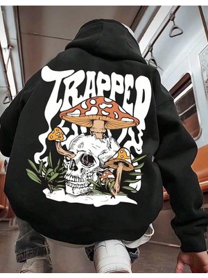 Belabre Oversize Erkek Trabbed Baskılı Siyah Kapüşonlu Sweatshirt