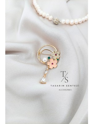 Tasarım Sentezi Broş Metal Rozet Taşlı Incili Çiçek Dal Yaka Kıyafet Şapka Takı Aksesuar Hediye Brooch