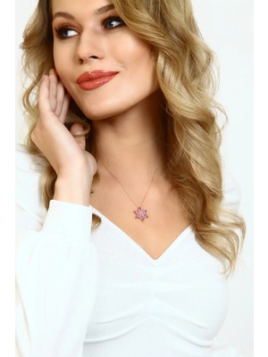 Lotus Jewellery 925 Ayar Lotus Çiçeği Gümüş Kolye- 925 Ayar Gümüş Zirkon Gümüş Pembe