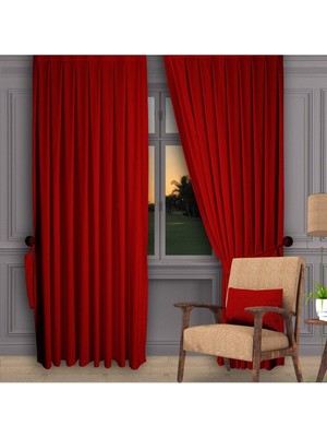 Dhm Perde Kırmızı Ada Fon Perde Pilesiz Extraforlu Düz Dikim Büzgü Pile