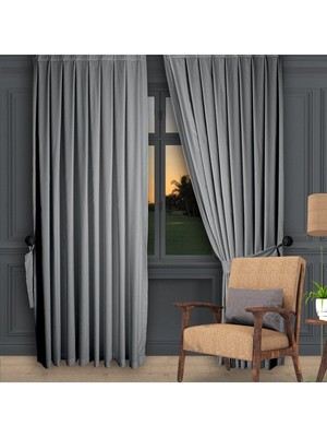 Dhm Perde Gri Ada Fon Perde Pilesiz Extraforlu Düz Dikim Büzgü Pile