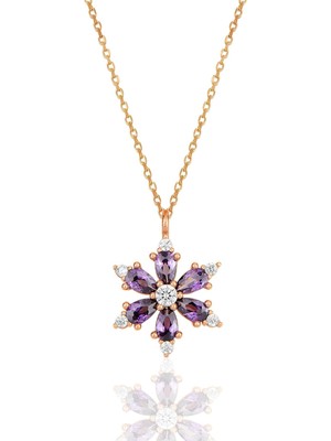 Bilsen Store Pembe 925 Ayar Gümüş Zincirli Rose Kaplama Ametist Damla Taşlı Kamelya Lotus Çiçeği Kolye Doğal Taş