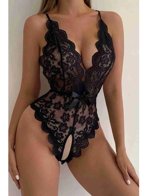 Shop You 1 Siyah Fiyonk Detaylı Özel Bölgesi Açık Dantel Fantezi Body