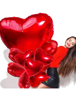 Parti Furyası Kalp Folyo Balon 2 Adet 24 Inç Büyük Kırmızı , 10 Adet 18 Inç 14 Şubat Sevgililer Günü Aşk Balonları