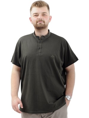 ModeXL Büyük Beden Erkek Tişört Düğmeli Hakim Yaka Kısa Kol Günlük Stil Haki Dokuma Kumaş U24339