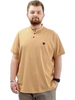 ModeXL  Büyük Beden Erkek Tişört Düğmeli Hakim Yaka T-Shirt U24339 Bej